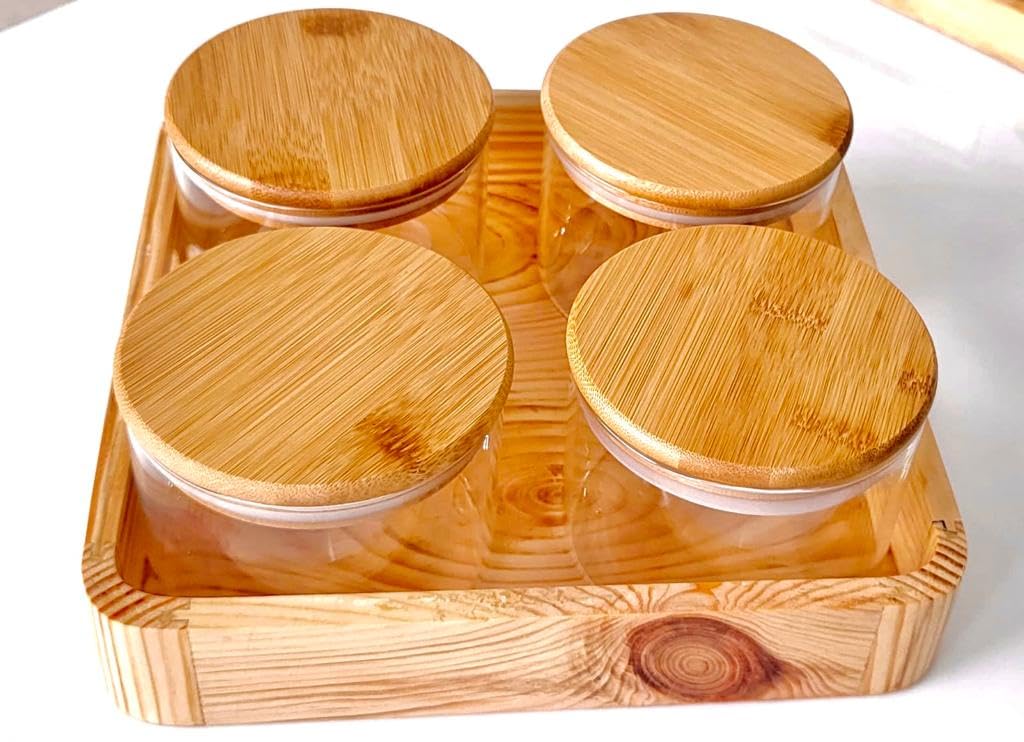 RAJ ROYAL Borosilicate Airtight Food Storage Jar Set of 4 with Wooden Lid And with Pinewood Tray Capacity 500 ML