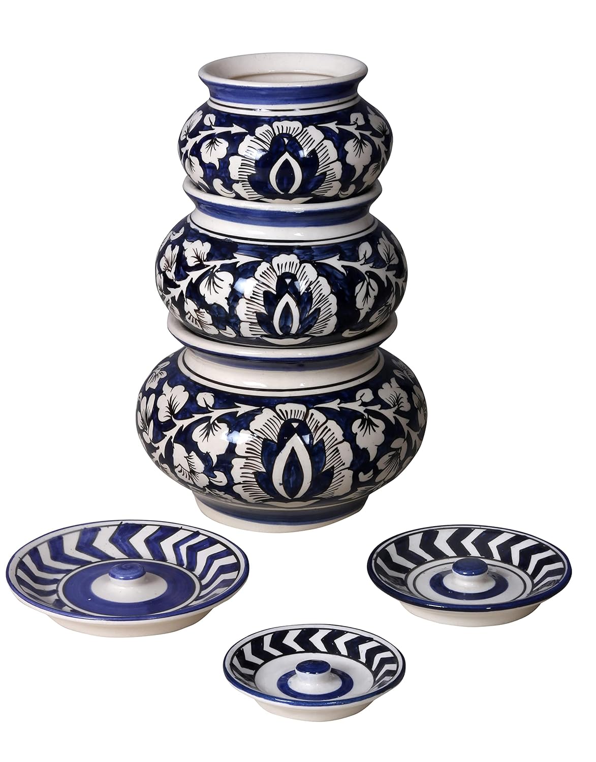 RAJ ROYAL Hand Painted Ceramic Cornichon Storage Jar for Pickle Dry Items Pottery Dry Food Storage Container Donga with Lid For Kitchen Home (Pack Of 2) (11x11x11 cm_750 ML)