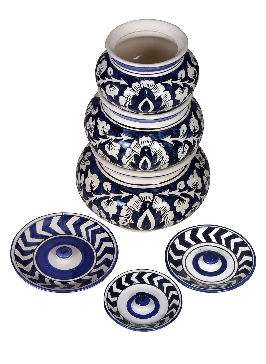 RAJ ROYAL Hand Painted Ceramic Cornichon Storage Jar for Pickle Dry Items Pottery Dry Food Storage Container Donga with Lid For Kitchen Home (Pack Of 2) (11x11x11 cm_750 ML)