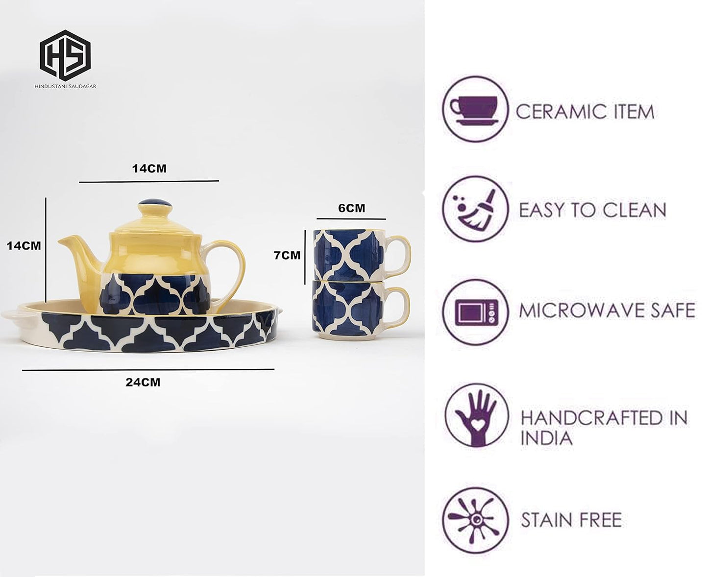 RAJ ROYAL Microwave Safe Hand Made Hand painted 4 Cups 1 Kettle and 1 Tray Tea Set Excellent Gift for Any Occasion