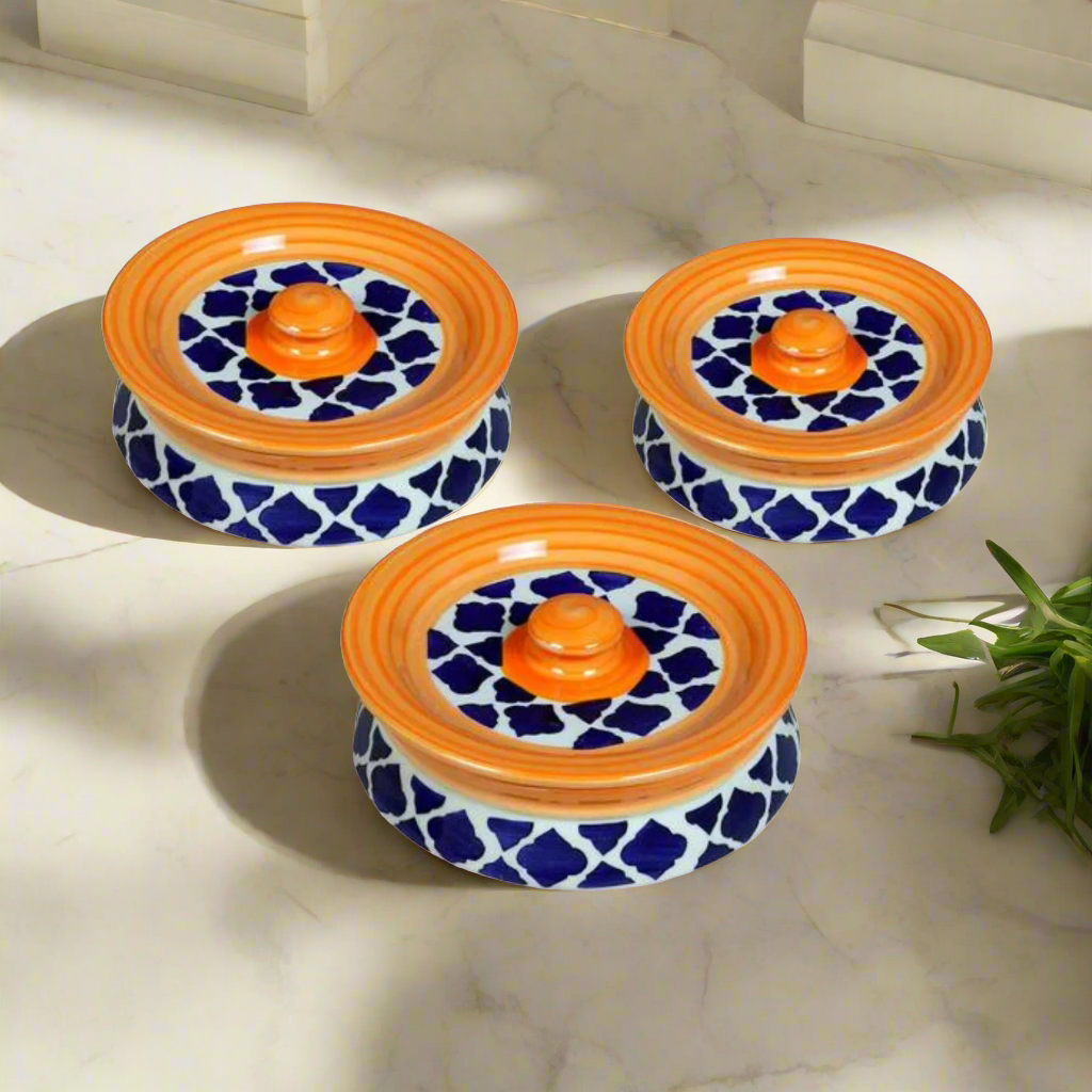 RAJ ROYAL Hand Painted Ceramic Cornichon Storage Jar for Pickle, Dry items White Pottery Dry Food Storage Container Donga with Lid For Kitchen, Home, Hotel, Restaurant, Handi Set of 3 (Tan)