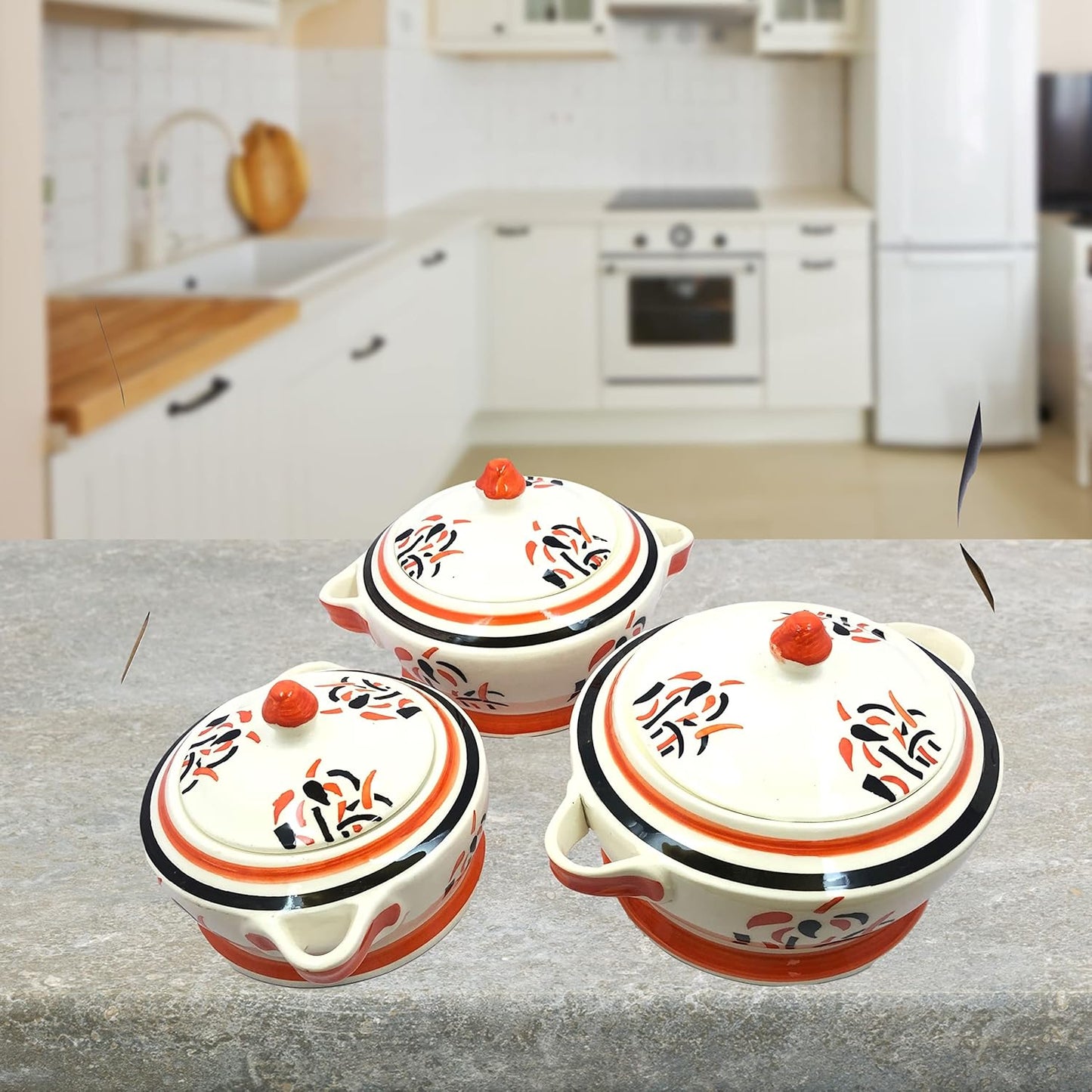 Raj@Royal® Ceramic Kitchen Accessories Items Donga Set, Dishwasher Microwave Safe Donga for Kitchen, Cereal Soup Rice Pasta Salad Oatmeal, (Set of 3, 1500 ML, 1000 ML, 800 ML)