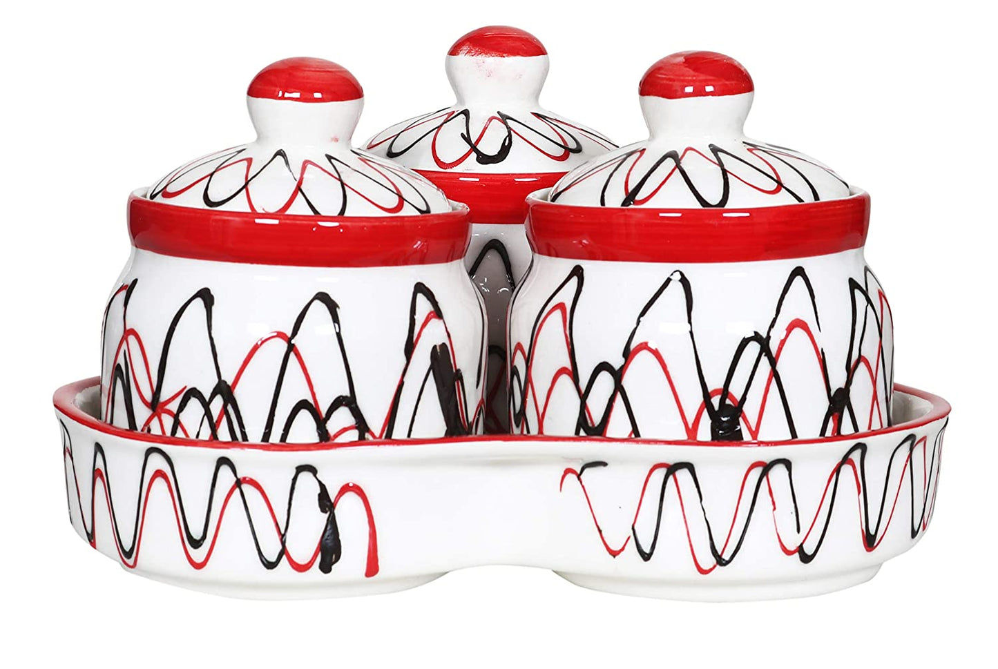 RAJ ROYAL Ceramic Food Storage Container with Lid & Tray - Set of 3-Storage Canister, Colour – Red & White Cornichon Jar - Size: Height 2.9" x Diameter: 2.9", Capacity-200 Gm. Each