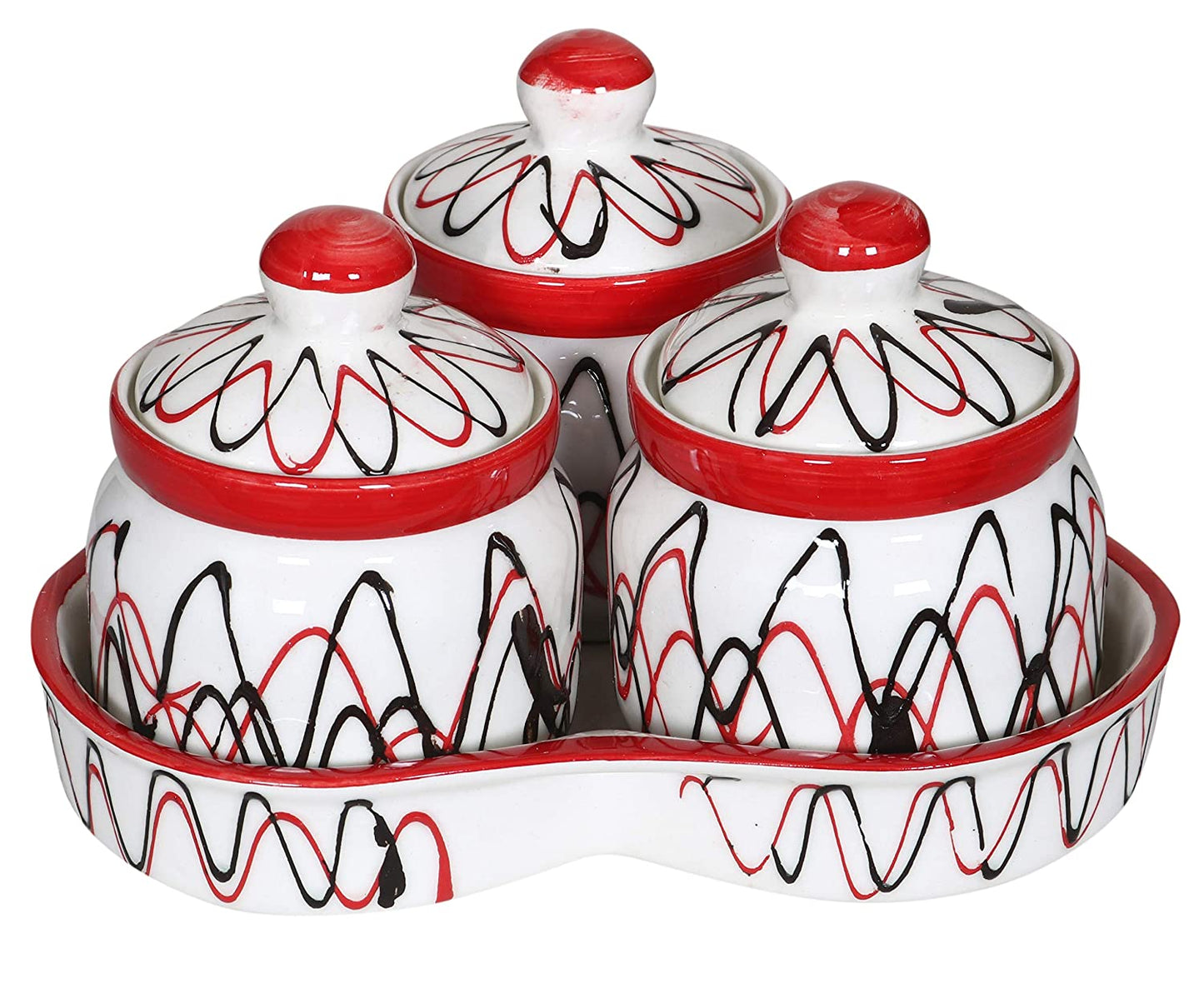 RAJ ROYAL Ceramic Food Storage Container with Lid & Tray - Set of 3-Storage Canister, Colour – Red & White Cornichon Jar - Size: Height 2.9" x Diameter: 2.9", Capacity-200 Gm. Each