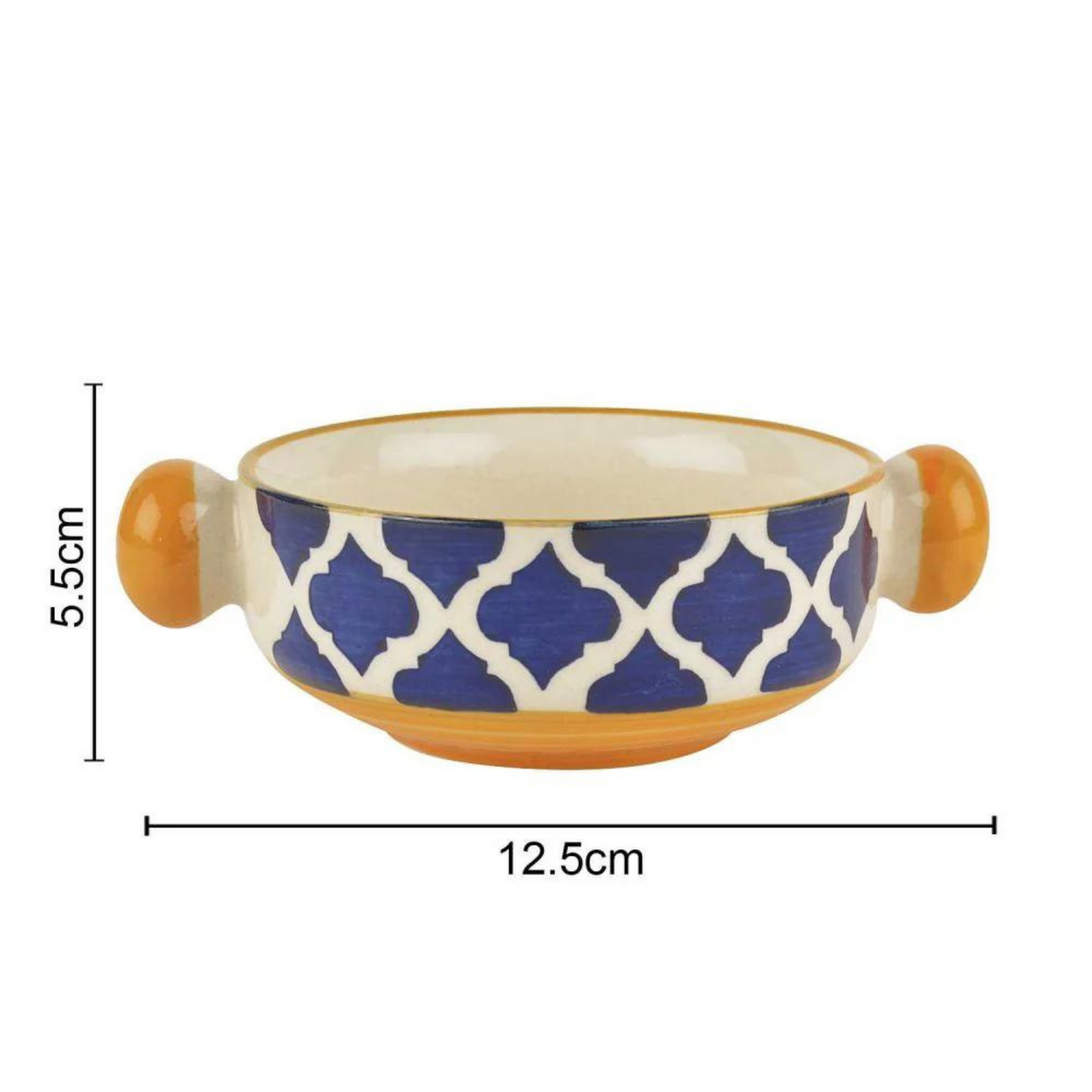 RAJ ROYAL Hand painted Blue Pottery Mughal Design Ceramic Soup Bowl with Handle - Set of 6 | Dessert Bowls | Cereal Bowls | Serving Bowls |Soup Bowls Set with Handle / Maggi Bowls (300 ML Each)