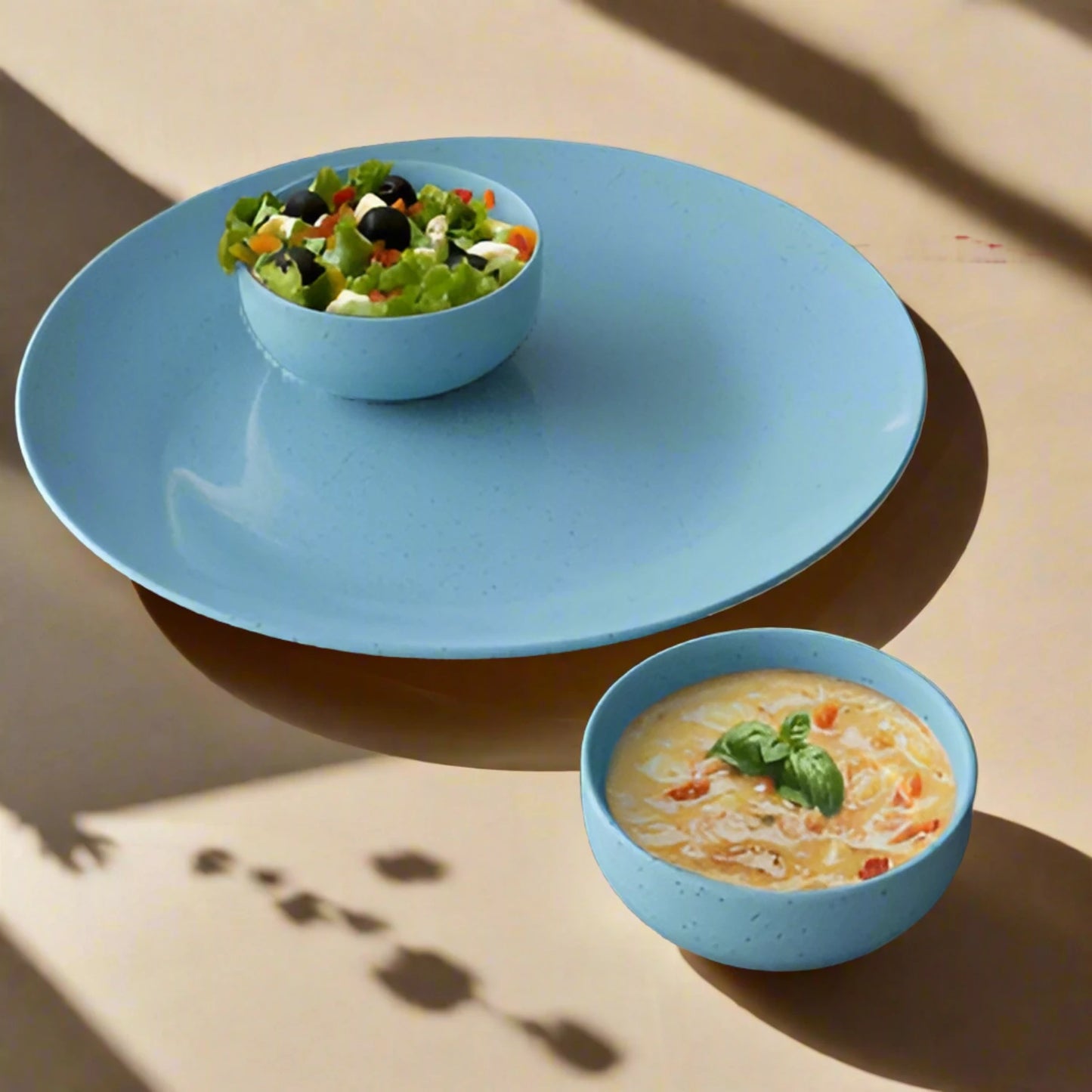 Glossy Sky Blue Matte 2 Ceramic Dinner Plate with 2 Vegetable Bowl