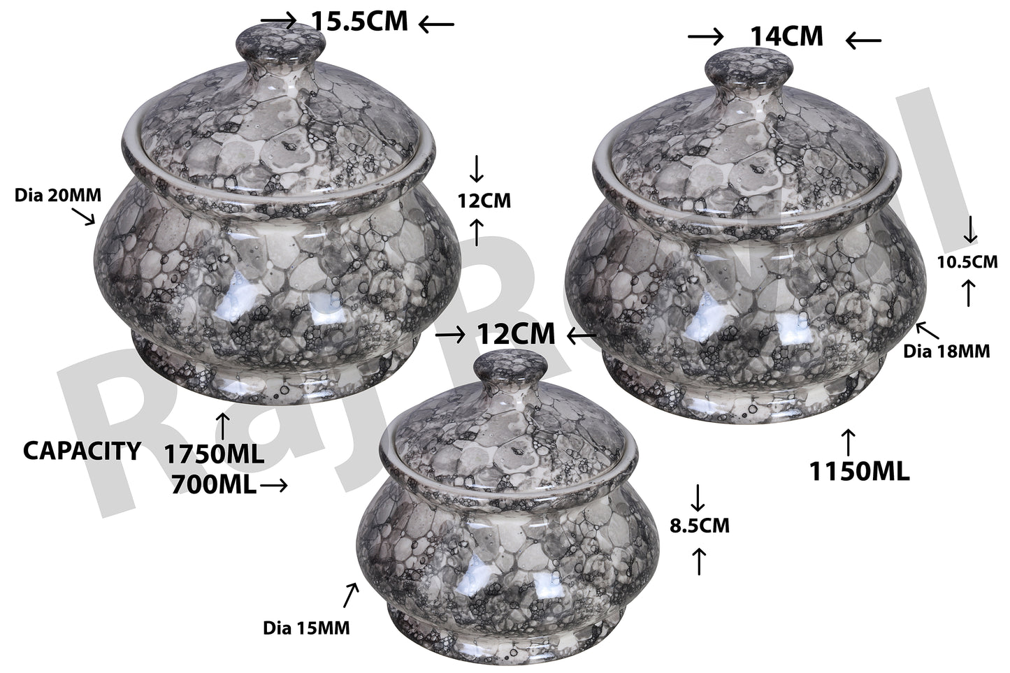 Raj Royal Ceramic Dinning Serving /Snack/ Mixing /Vegetable / Cereal / Soup / Salad / Tableware / Pudding Multipurpose / Desert / Food Storage Container Donga/ Degchi/ Handi / Casserole .