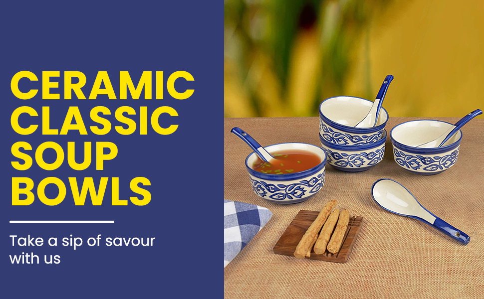 Raj Royal Ceramic Dinning Serving /Snack/ Mixing /Vegetable / Cereal / Soup / Salad / Tableware / Pudding Multipurpose / Desert / Food Storage Container / Hand Painted Blue Bail Bowl Set of 4 /Microwave Safe/(1300 ML, 700 ML, 500 ML, 300 ML)