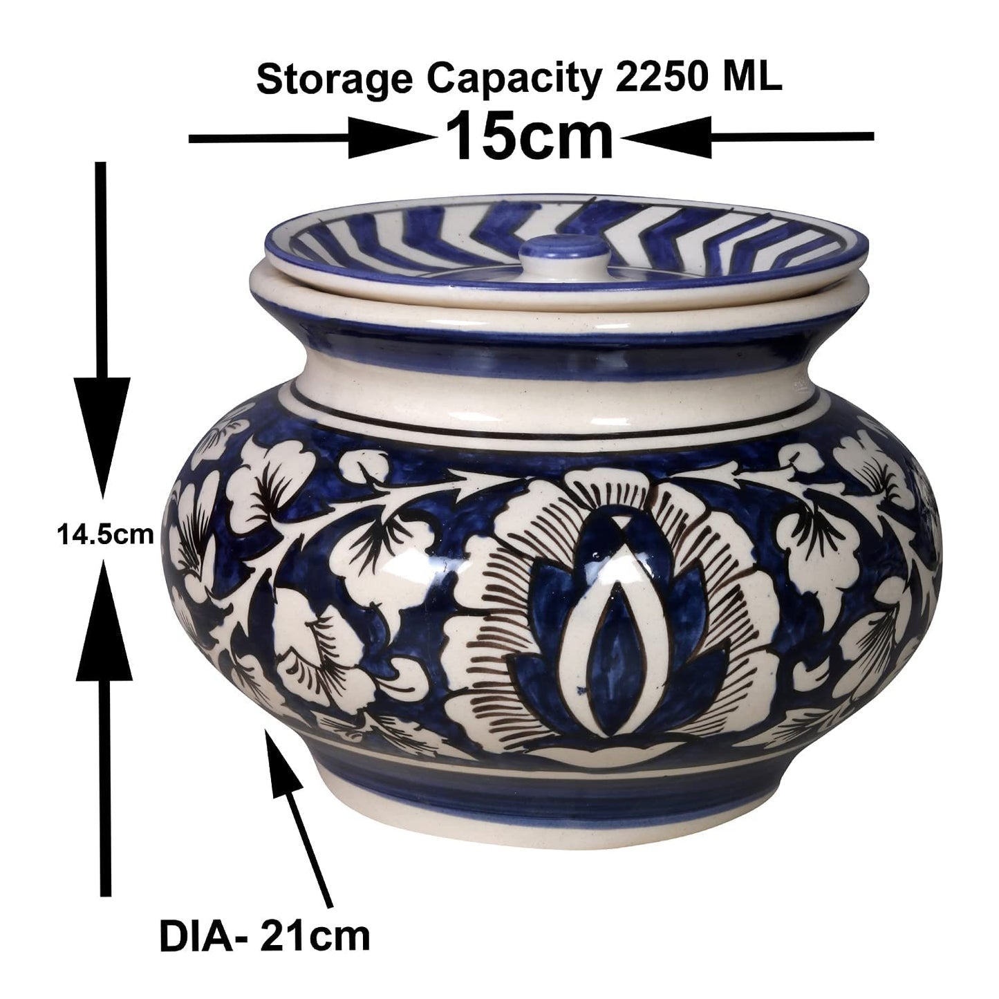 RAJ ROYAL Hand Painted Ceramic Cornichon Storage Jar for Pickle Dry Items Pottery Dry Food Storage Container Donga with Lid For Kitchen Home Hotel Restaurant Handi (15x15x14.5 cm_2250 ML)