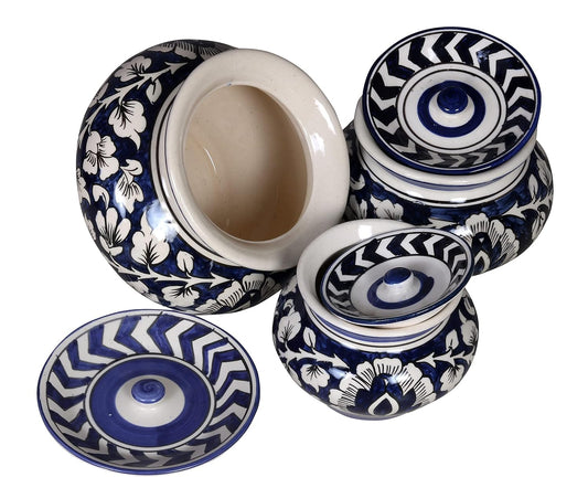 RAJ ROYAL Hand Painted Ceramic Cornichon Storage Jar for Pickle Dry Items Pottery Dry Food Storage Container Donga with Lid For Kitchen Home Hotel Restaurant Handi (15x15x14.5 cm_2250 ML)