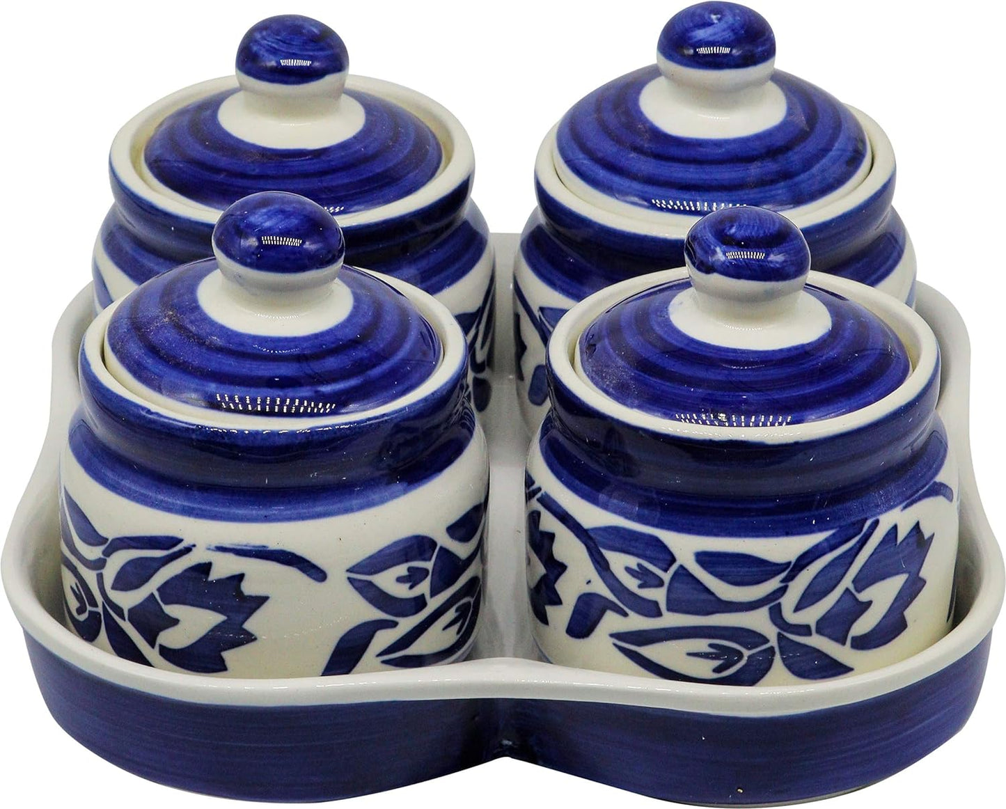 RAJ ROYAL Ceramic Food Storage Container Jar for Pickle with Lid & Tray, Handmade Barni Storage Container For Chutney, Dining Table, Salt, Masala