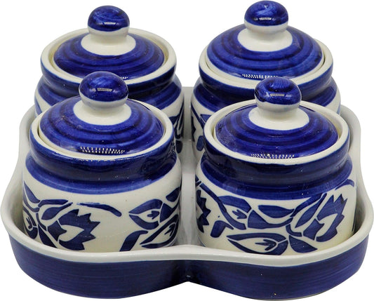 RAJ ROYAL Ceramic Food Storage Container Jar for Pickle with Lid & Tray, Handmade Barni Storage Container For Chutney, Dining Table, Salt, Masala
