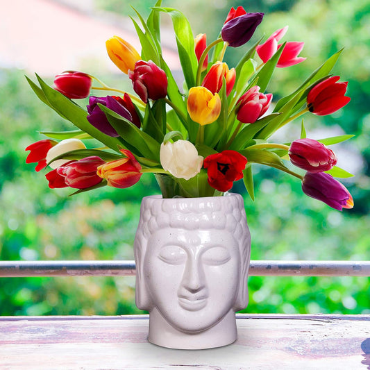 RAJ ROYAL Handcrafted Ceramic Bhuddha Shape Flower Vase for Living Room Handmade Decorative Vases Pot Planter for Garden for Home Office Decoration Pots for Office Home Gift for Friends and Family,White