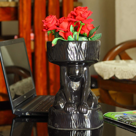 RAJ ROYAL Decorative Ceramic Flower Vase Pot for Living Room Office Home Corner Ceramic Vases for Indoor Plants Latest Flower Yoga Planting Vase for Home Decoration (Black, 14 x 14 x 25 cm)