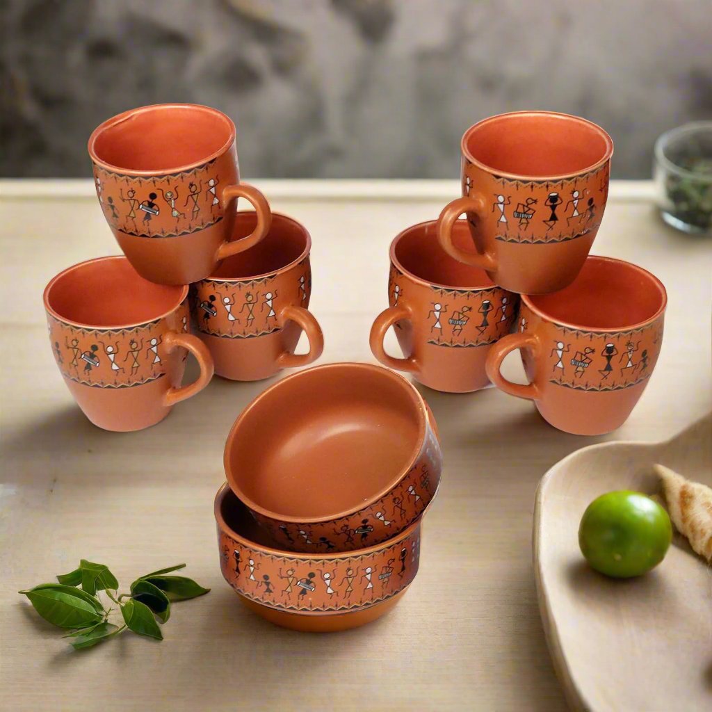 RAJ ROYAL Ceramic Fancy Printed Kulhad Tea/Coffee Cup (Set of 6 with 2 Snack Bowl)