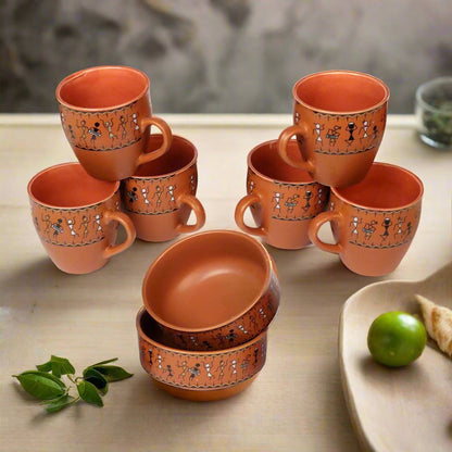 RAJ ROYAL Ceramic Fancy Printed Kulhad Tea/Coffee Cup (Set of 6 with 2 Snack Bowl)