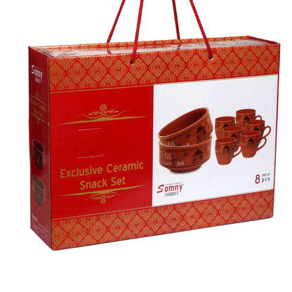 RAJ ROYAL Ceramic Fancy Printed Kulhad Tea/Coffee Cup (Set of 6 with 2 Snack Bowl)