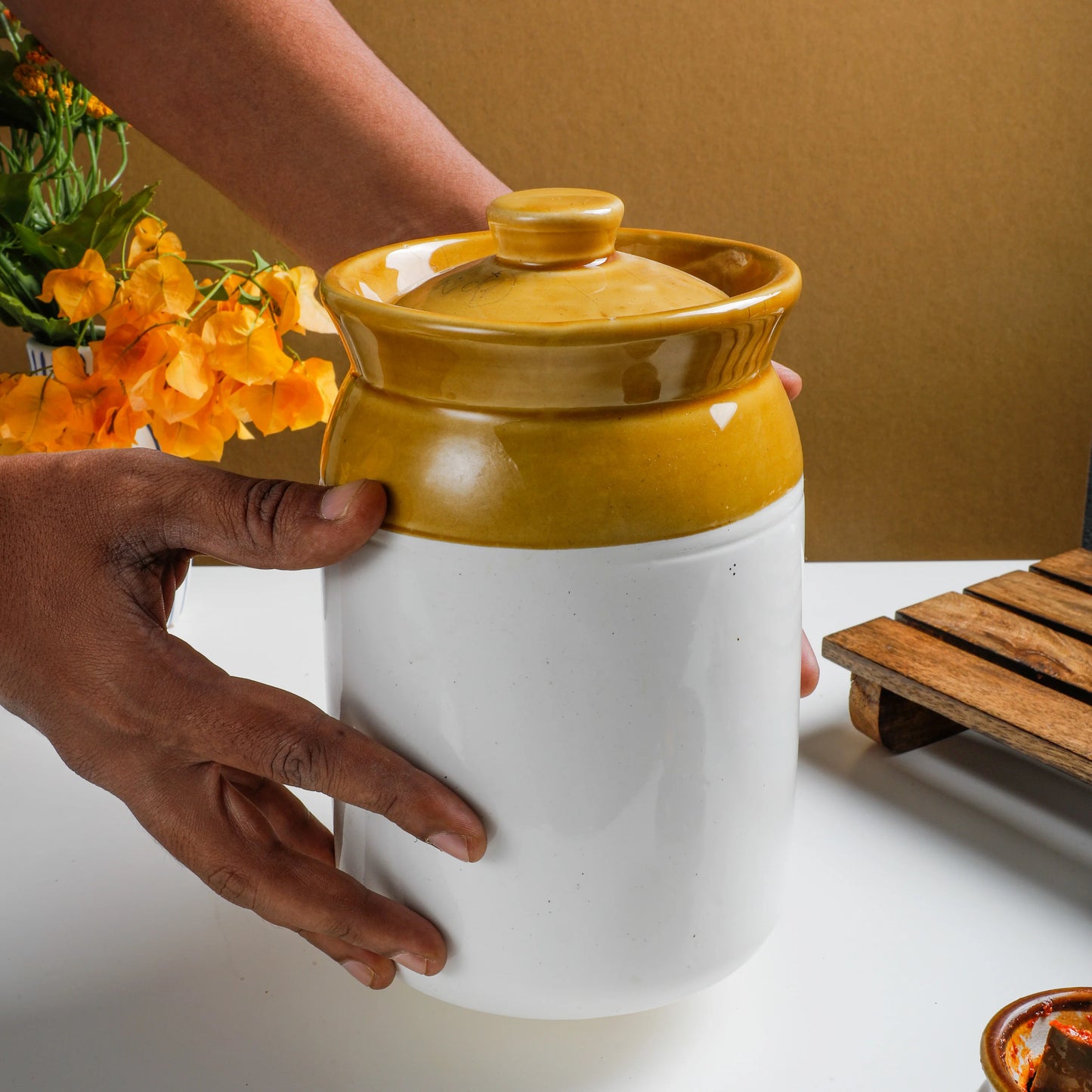 RAJ ROYAL Ceramic Pottery Hand Painted Cornichon Crockery Pulses Dry Fruit Tea Pickle Coffee Multipurpose Food Storage Jar Container with Lid For Kitchen Home