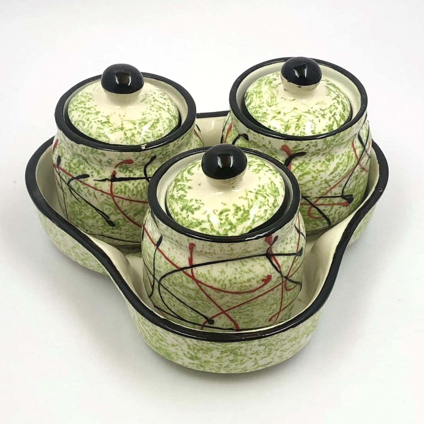 RAJ ROYAL Ceramic Storage Container Cainster Barni Jar with Lid & Tray. for pickle Chutney Tea Sugar Salt Spices - 200 Grams storage each, Set of 3,