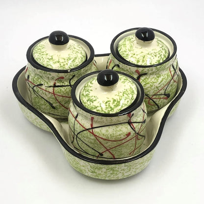 RAJ ROYAL Ceramic Storage Container Cainster Barni Jar with Lid & Tray. for pickle Chutney Tea Sugar Salt Spices - 200 Grams storage each, Set of 3,