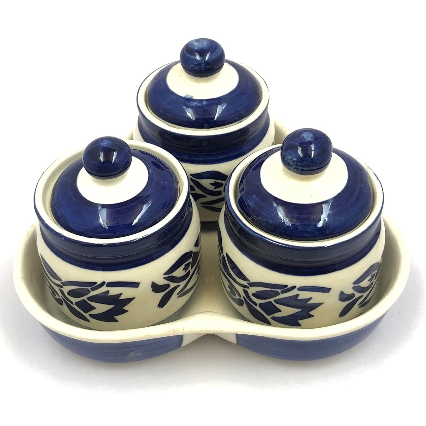 RAJ ROYAL Ceramic Storage Container Cainster Barni Jar with Lid & Tray. for pickle Chutney Tea Sugar Salt Spices - 200 Grams storage each, Set of 3,