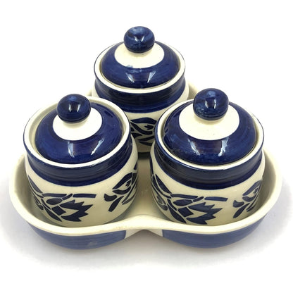 RAJ ROYAL Ceramic Storage Container Cainster Barni Jar with Lid & Tray. for pickle Chutney Tea Sugar Salt Spices - 200 Grams storage each, Set of 3,