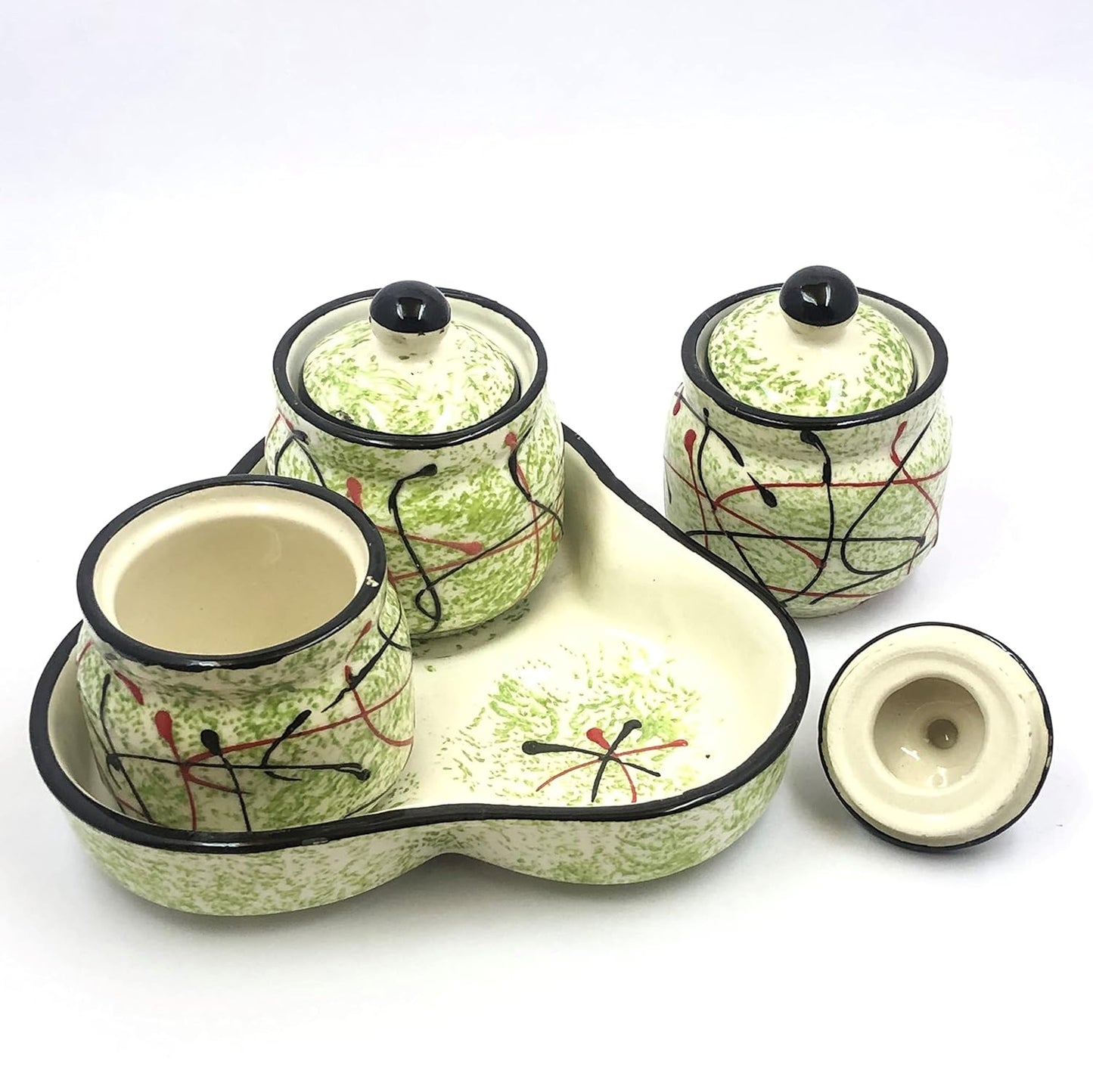 RAJ ROYAL Ceramic Storage Container Cainster Barni Jar with Lid & Tray. for pickle Chutney Tea Sugar Salt Spices - 200 Grams storage each, Set of 3,
