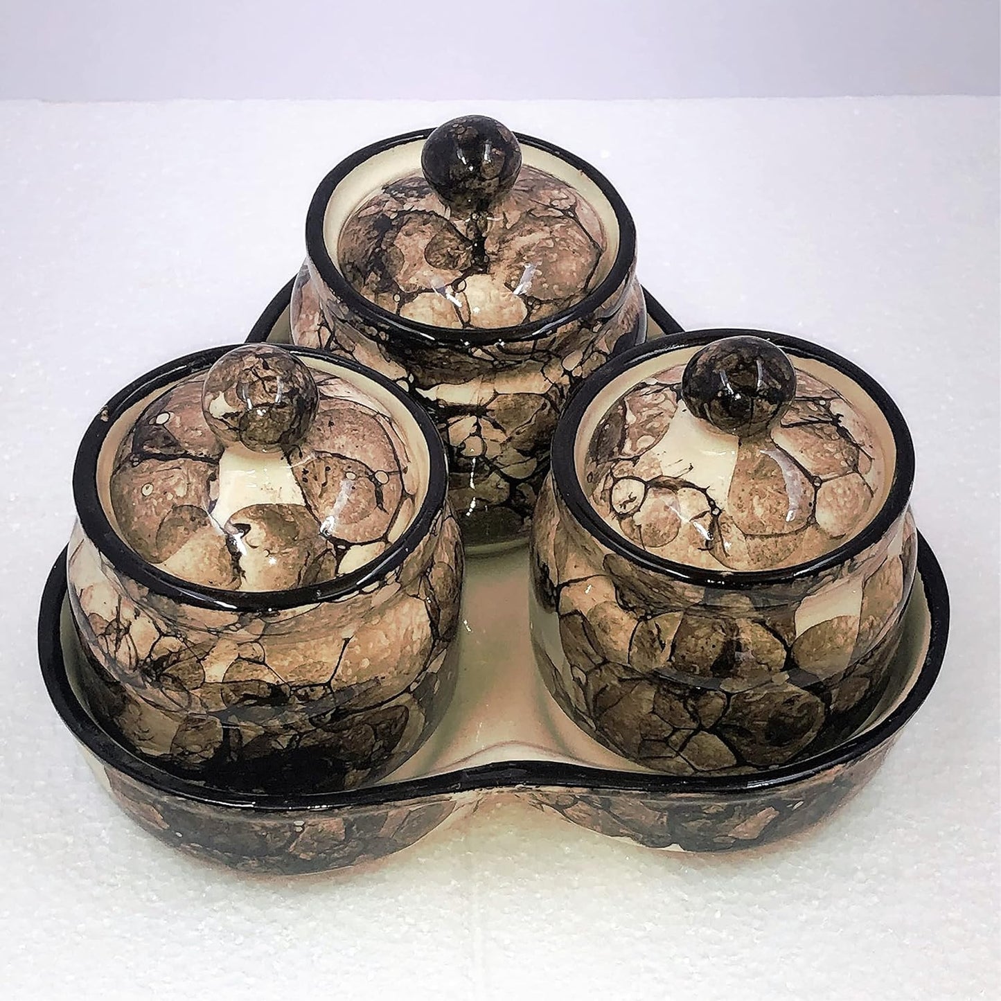 RAJ ROYAL Ceramic Storage Container Cainster Barni Jar with Lid & Tray. for pickle Chutney Tea Sugar Salt Spices - 200 Grams storage each, Set of 3,