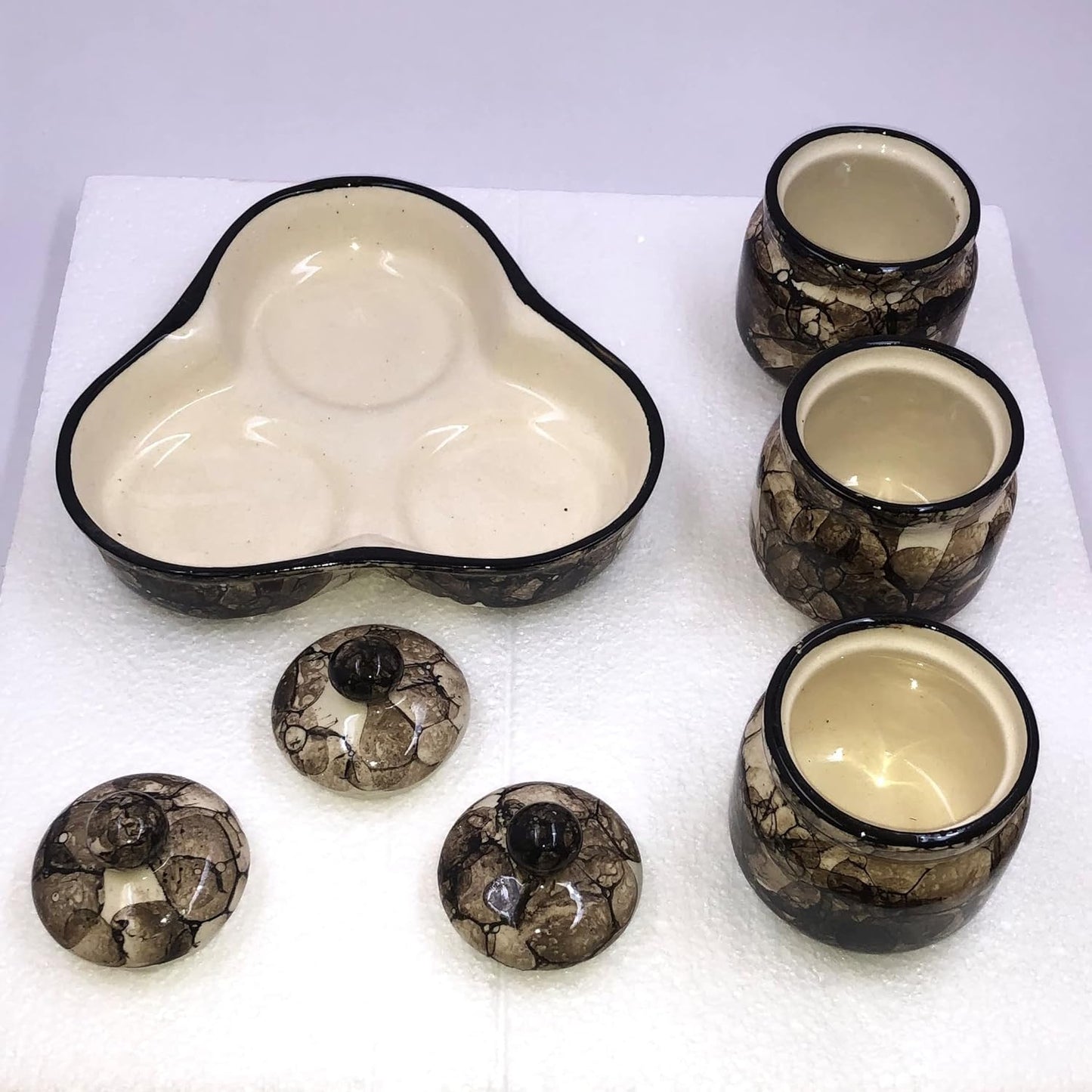 RAJ ROYAL Ceramic Storage Container Cainster Barni Jar with Lid & Tray. for pickle Chutney Tea Sugar Salt Spices - 200 Grams storage each, Set of 3,