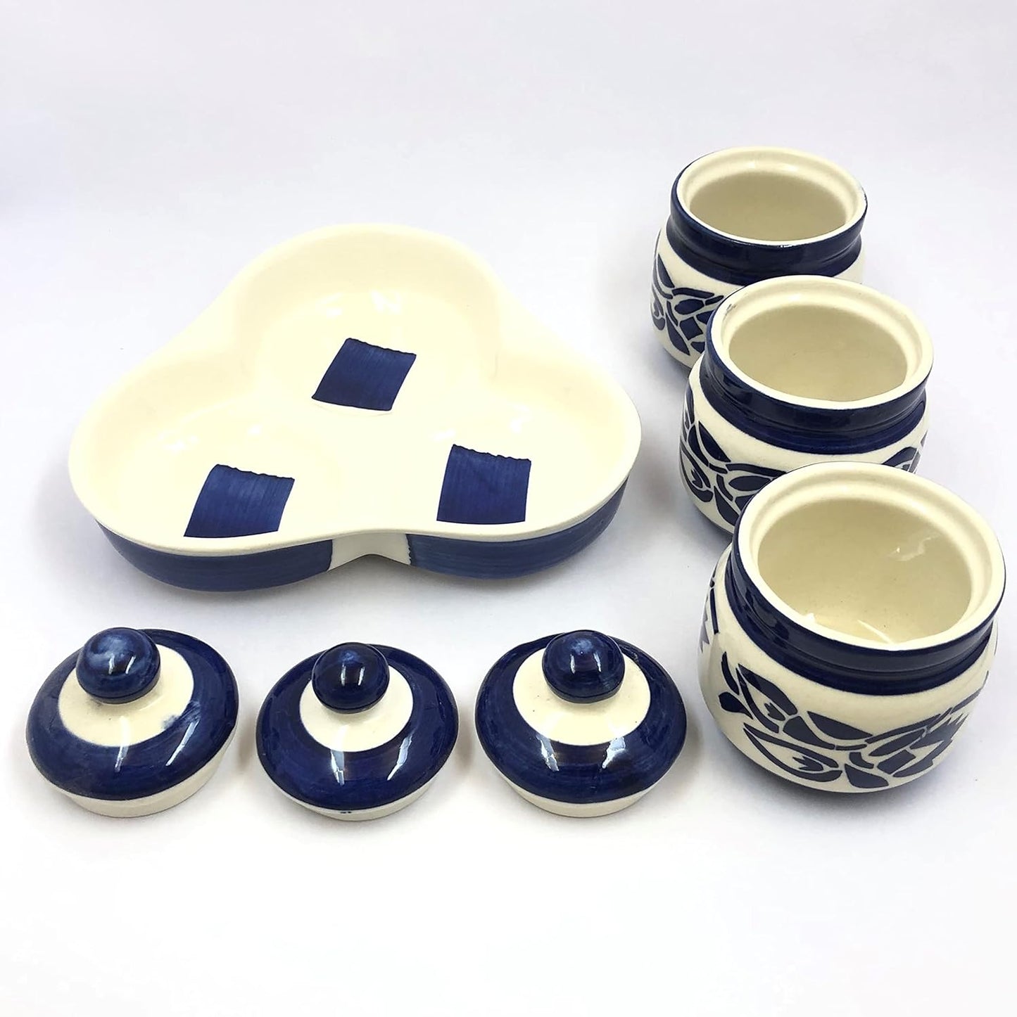 RAJ ROYAL Ceramic Storage Container Cainster Barni Jar with Lid & Tray. for pickle Chutney Tea Sugar Salt Spices - 200 Grams storage each, Set of 3,