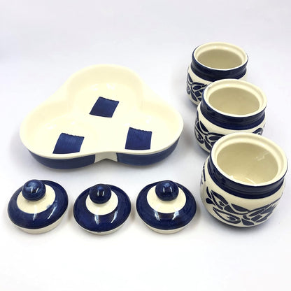 RAJ ROYAL Ceramic Storage Container Cainster Barni Jar with Lid & Tray. for pickle Chutney Tea Sugar Salt Spices - 200 Grams storage each, Set of 3,