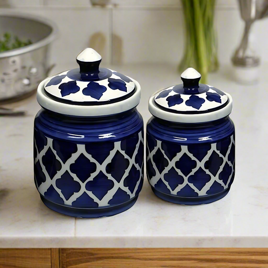RAJ ROYAL Hand Painted Ceramic Cornichon Storage Jar for Pickle, Dry items White Pottery Dry Food Storage Container Donga with Lid For Kitchen, Home - Multipurpose Storage Canister Set of 2