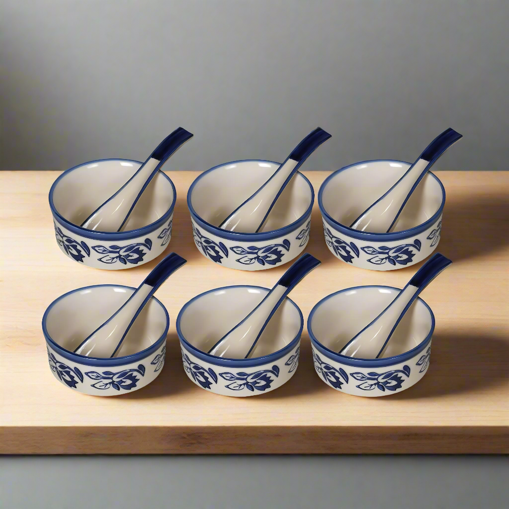 RAJ ROYAL Handmade Ceramic Hand Painted Blue Pottery Jumbo Soup Bowl and Spoons for Oats Noodles ceraluck Set of 6-350 ml Each