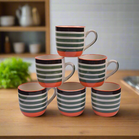 Raj Royal Handcrafted Ceramic Line Printed Tea Cup/Coffee Mugs (Set of 6pcs, Multi)
