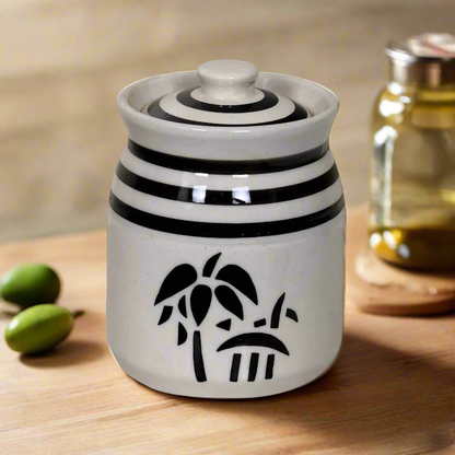 RAJ ROYAL Ceramic Serving Pot Modeling Clay Grey Pottery Handmade Painted Cornichon Crockery Pulses Rice Dry Fruit Pickle Storage Jar For Dining Table Kitchen Set Storage Canister (White, 750 Grams)