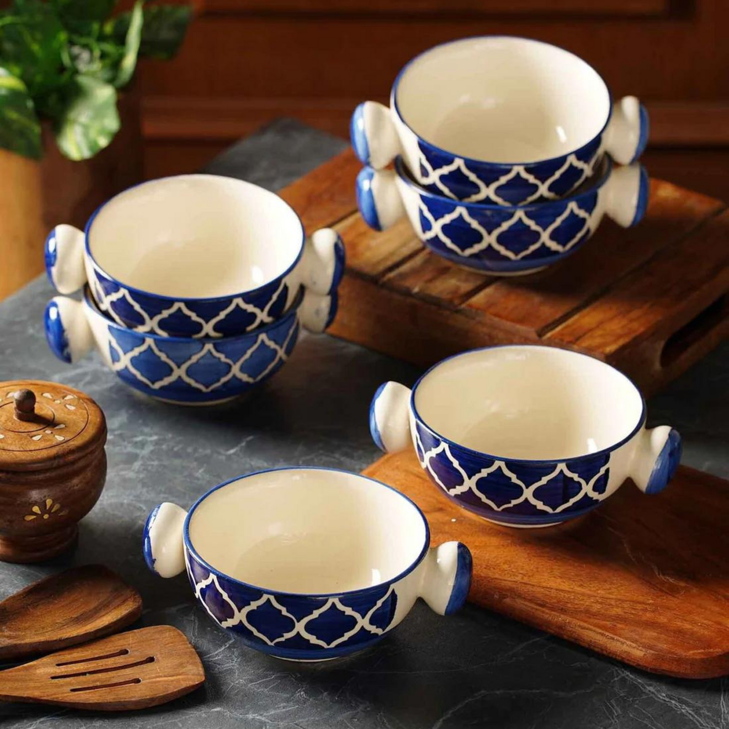 RAJ ROYAL Hand painted Blue Pottery Mughal Design Ceramic Soup Bowl with Handle - Set of 6 | Dessert Bowls | Cereal Bowls | Serving Bowls |Soup Bowls Set with Handle / Maggi Bowls (300 ML Each)