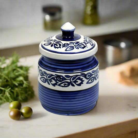 RAJ ROYAL Blue Pottery Hand Paintaed Mughal Ceramic Cornichon Storage Jar for Sugar | 750 GR