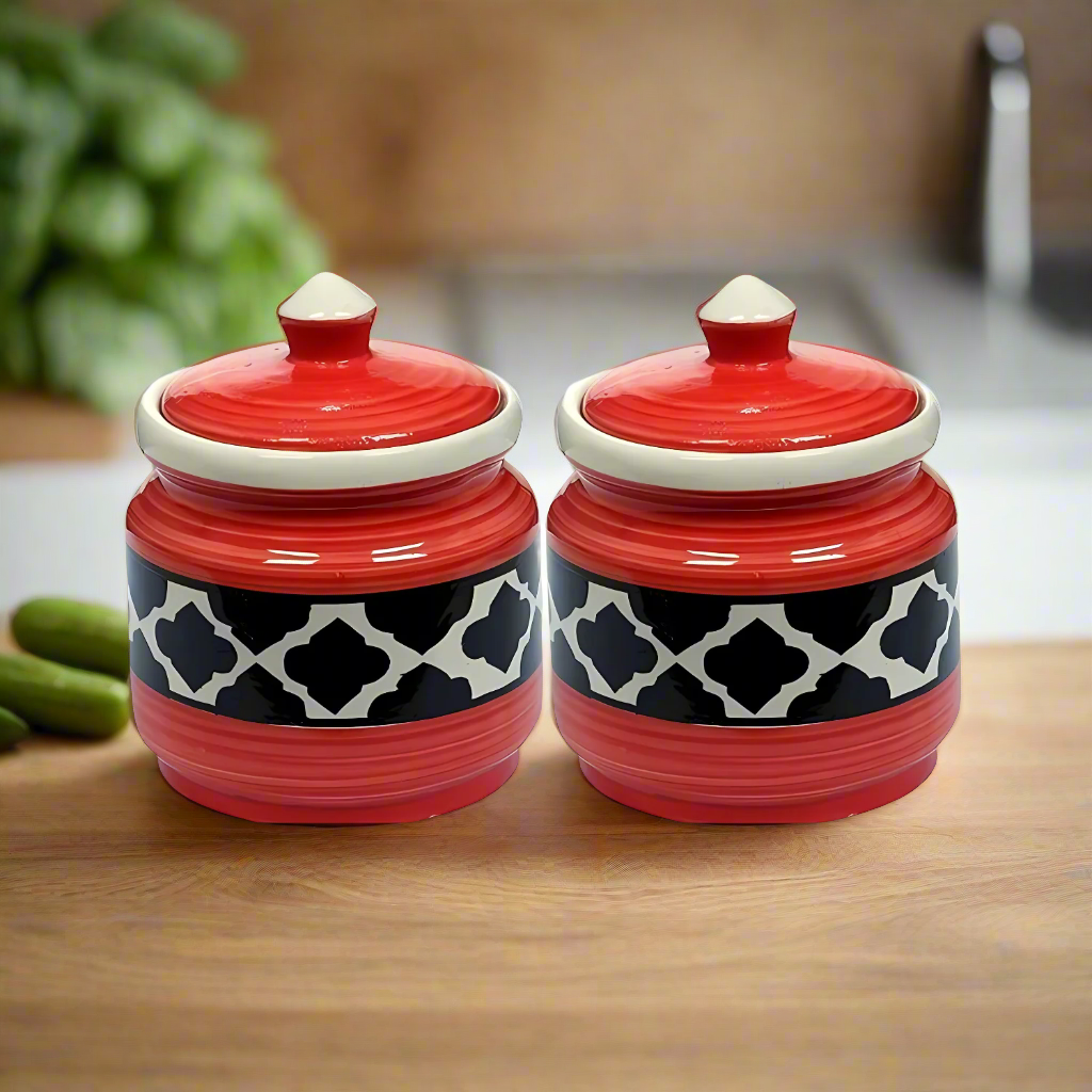 RAJ ROYAL Blue Pottery Hand Painted Cornichon Storage Jar Container with Lid Ceramic Food Storage Multipurpose Storage Container for Home (Set of 2, 750Grm, Blue)