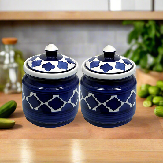 RAJ ROYAL Blue Pottery Hand Painted Cornichon Storage Jar Container with Lid Ceramic Food Storage Multipurpose Storage Container for Home (Set of 2, 750Grm, Blue)