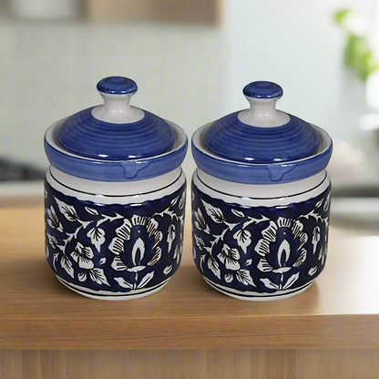 RAJ ROYAL Blue Pottery Hand Painted Cornichon Storage Jar Container with Lid Ceramic Food Storage Multipurpose Storage Container for Home (Set of 2, 750Grm, Blue)