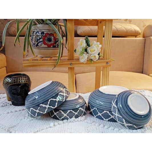Raj Royal Ceramic Dinning Serving /Snack/ Mixing /Vegetable / Cereal / Soup / Salad / Tableware / Pudding Multipurpose / Desert / Food Storage Container / Hand Painted   Green Line Bowl Set of 4 /Microwave Safe/(1300 ML, 700 ML, 500 ML, 300 ML)