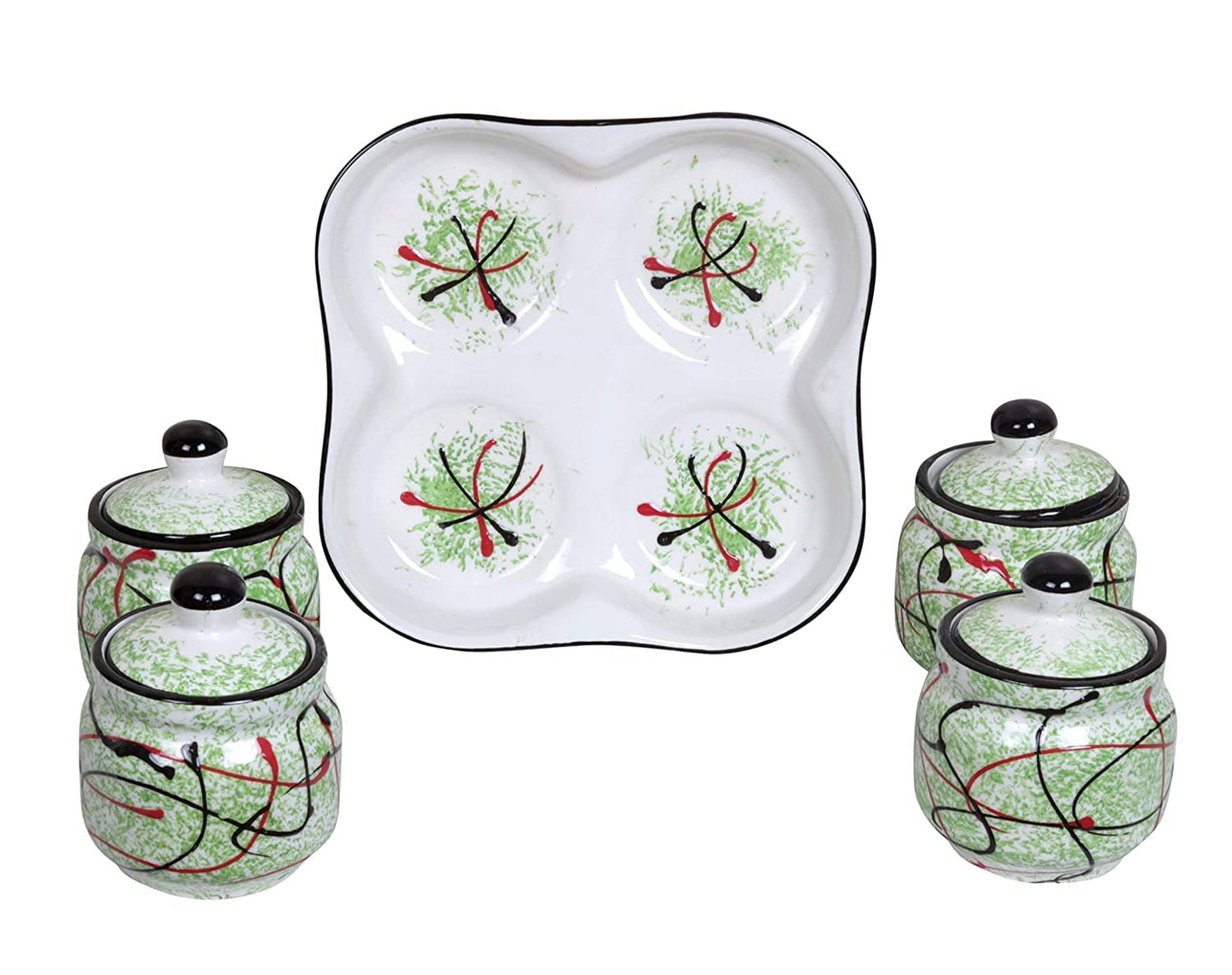 RAJ@ROYAL® Ceramic Storage Container Cainster Barni Jar with Lid & Tray for pickle Chutney Tea Sugar Salt Spices - 200 Grams storage each Set of 4, Green