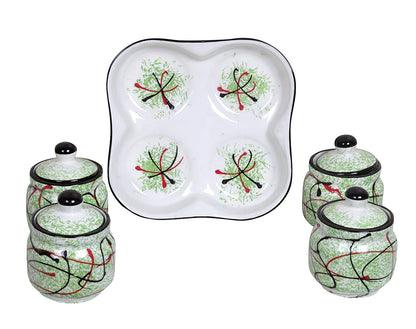 RAJ@ROYAL® Ceramic Storage Container Cainster Barni Jar with Lid & Tray for pickle Chutney Tea Sugar Salt Spices - 200 Grams storage each Set of 4, Green