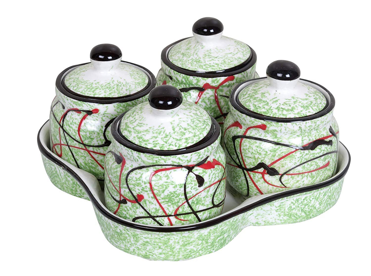 RAJ@ROYAL® Ceramic Storage Container Cainster Barni Jar with Lid & Tray for pickle Chutney Tea Sugar Salt Spices - 200 Grams storage each Set of 4, Green