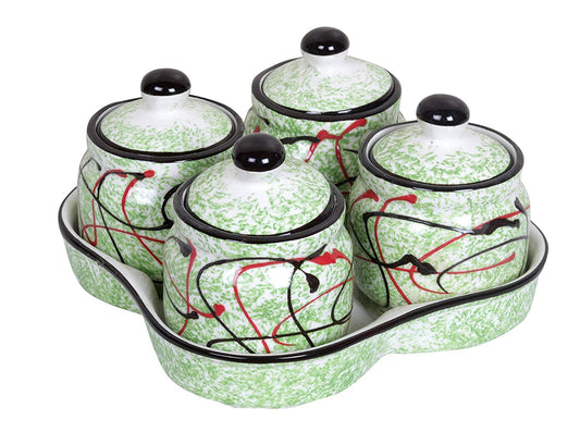 RAJ@ROYAL® Ceramic Storage Container Cainster Barni Jar with Lid & Tray for pickle Chutney Tea Sugar Salt Spices - 200 Grams storage each Set of 4, Green