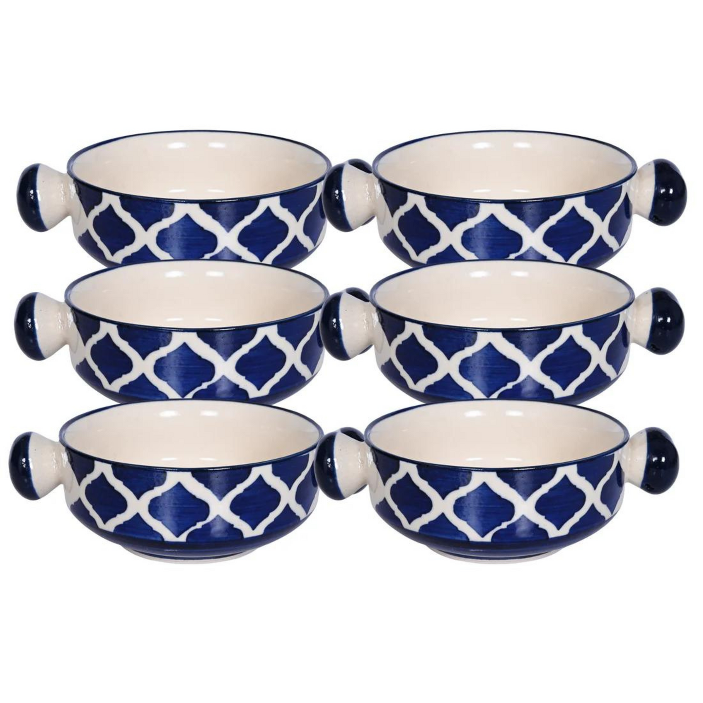 RAJ ROYAL Hand painted Blue Pottery Mughal Design Ceramic Soup Bowl with Handle - Set of 6 | Dessert Bowls | Cereal Bowls | Serving Bowls |Soup Bowls Set with Handle / Maggi Bowls (300 ML Each)