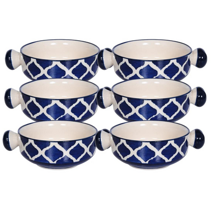 RAJ ROYAL Hand painted Blue Pottery Mughal Design Ceramic Soup Bowl with Handle - Set of 6 | Dessert Bowls | Cereal Bowls | Serving Bowls |Soup Bowls Set with Handle / Maggi Bowls (300 ML Each)