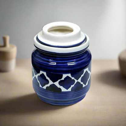 RAJ ROYAL Blue Pottery Hand Painted Cornichon Storage Jar Container with Lid Ceramic Food Storage Multipurpose Storage Container for Home (Set of 2, 750Grm, Blue)