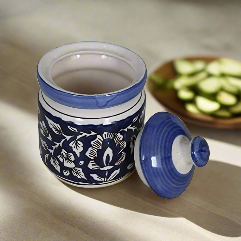 RAJ ROYAL Blue Pottery Hand Painted Cornichon Storage Jar Container with Lid Ceramic Food Storage Multipurpose Storage Container for Home (Set of 2, 750Grm, Blue)