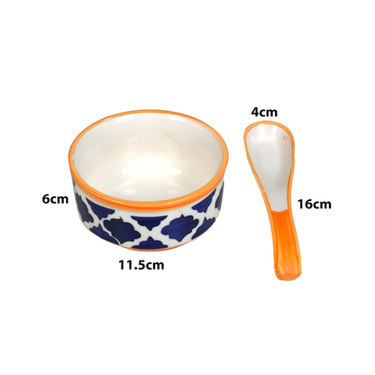 RAJ ROYAL Handmade Ceramic Hand Painted Blue Pottery Jumbo Soup Bowl and Spoons for Oats Noodles ceraluck Set of 6-350 ml Each